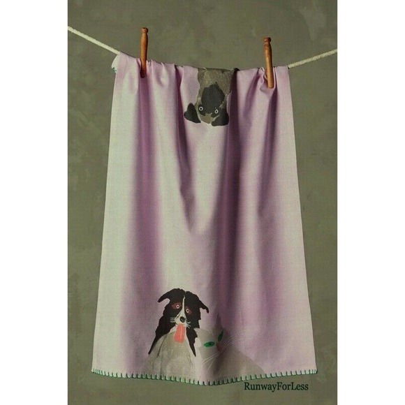ANTHROPOLOGIE Tea Dish Kitchen Towel Black Pug Collie Dog Cat Farm Stitching - Picture 2 of 5